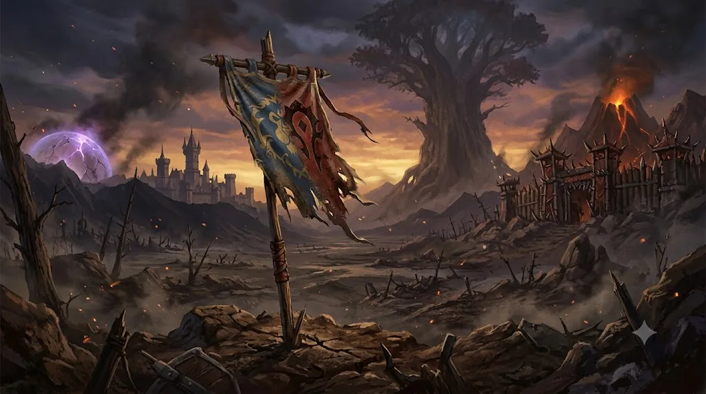 A war-torn Azeroth under a red sky — a battle standard planted in broken ground, Teldrassil and an erupting volcano on the horizon